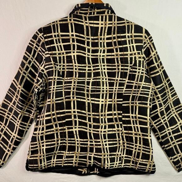 100% Silk Zip-Up Blouse Women's Large Abstract Black/Beige Print Vintage - Picture 3 of 9